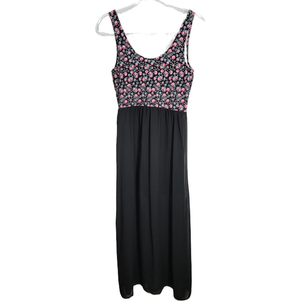 Divided H&M Y2K Maxi Dress 10 Black Floral Sheer Overlay High Slit Sleeveless